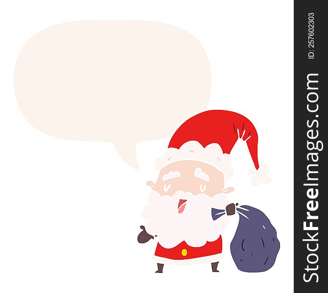 Cartoon Santa Claus Carrying Sack Of Presents And Speech Bubble In Retro Style