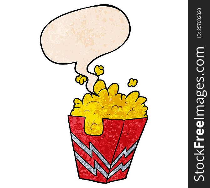 cartoon box of popcorn with speech bubble in retro texture style