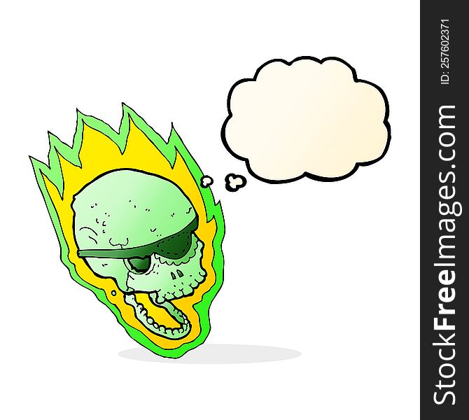 cartoon flaming pirate skull with thought bubble