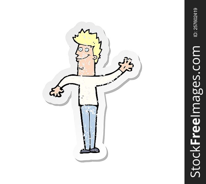 Retro Distressed Sticker Of A Cartoon Happy Waving Man