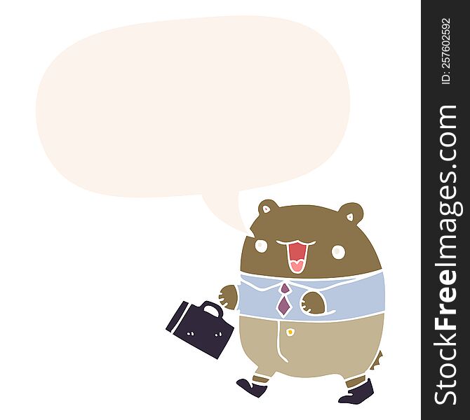 cute cartoon business bear with speech bubble in retro style