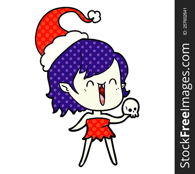 Cute Comic Book Style Illustration Of A Happy Vampire Girl Wearing Santa Hat