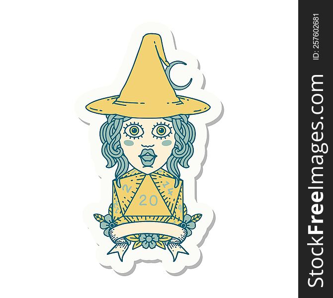 sticker of a human witch with natural twenty dice roll. sticker of a human witch with natural twenty dice roll