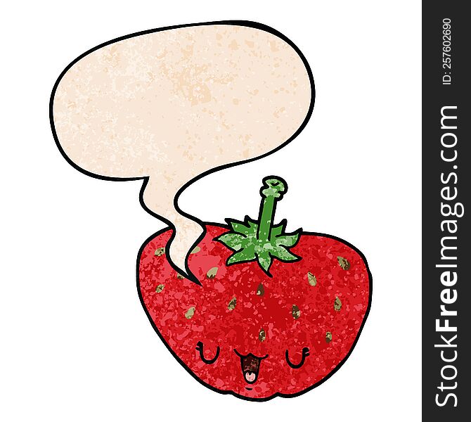 cartoon strawberry with speech bubble in retro texture style