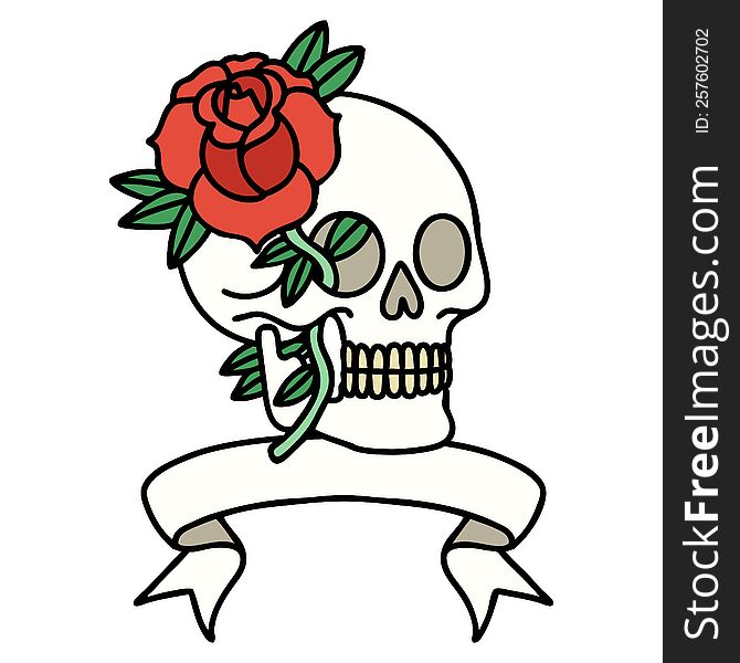 traditional tattoo with banner of a skull and rose