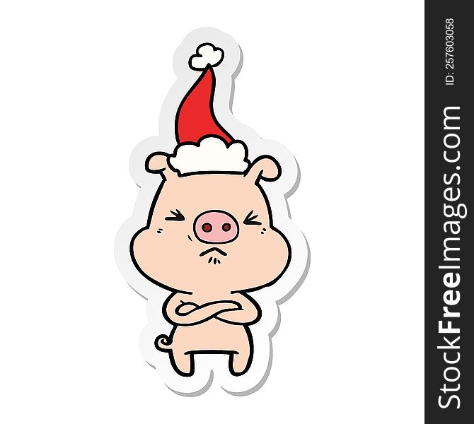 Sticker Cartoon Of A Angry Pig Wearing Santa Hat