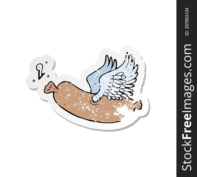 retro distressed sticker of a cartoon flying sausage