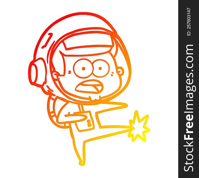 warm gradient line drawing of a cartoon surprised astronaut kicking