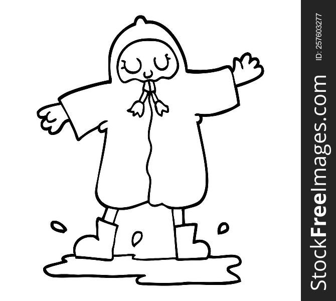 black and white cartoon person splashing in puddle wearing rain coat