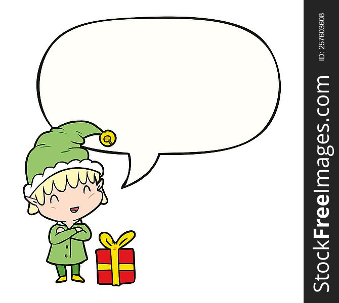 Cartoon Happy Christmas Elf And Speech Bubble
