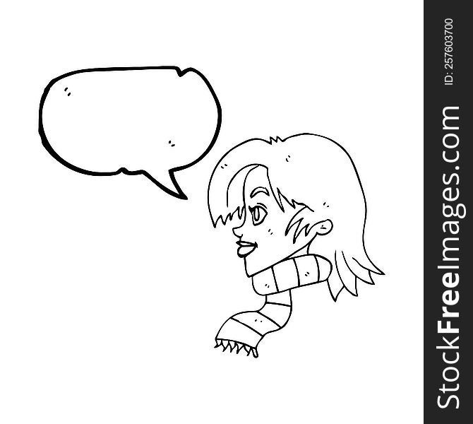 freehand drawn speech bubble cartoon woman wearing scarf