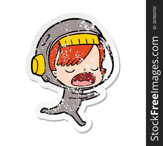Distressed Sticker Of A Cartoon Astronaut Woman Running