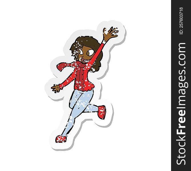 retro distressed sticker of a cartoon woman waving dressed for winter