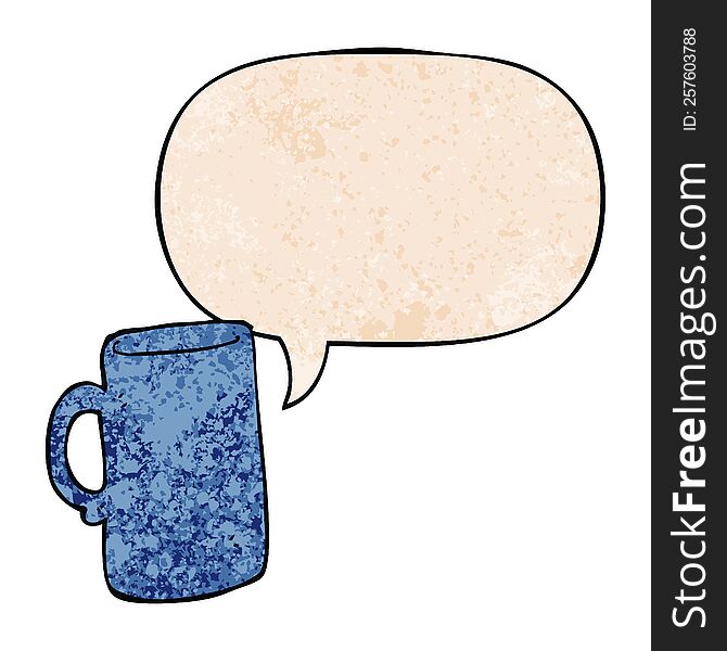 cartoon mug with speech bubble in retro texture style