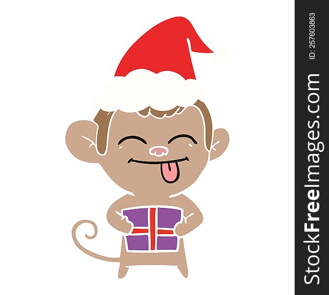 funny hand drawn flat color illustration of a monkey with christmas present wearing santa hat