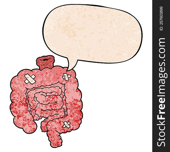 Cartoon Repaired Intestines And Speech Bubble In Retro Texture Style