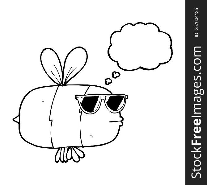 freehand drawn thought bubble cartoon bee wearing sunglasses