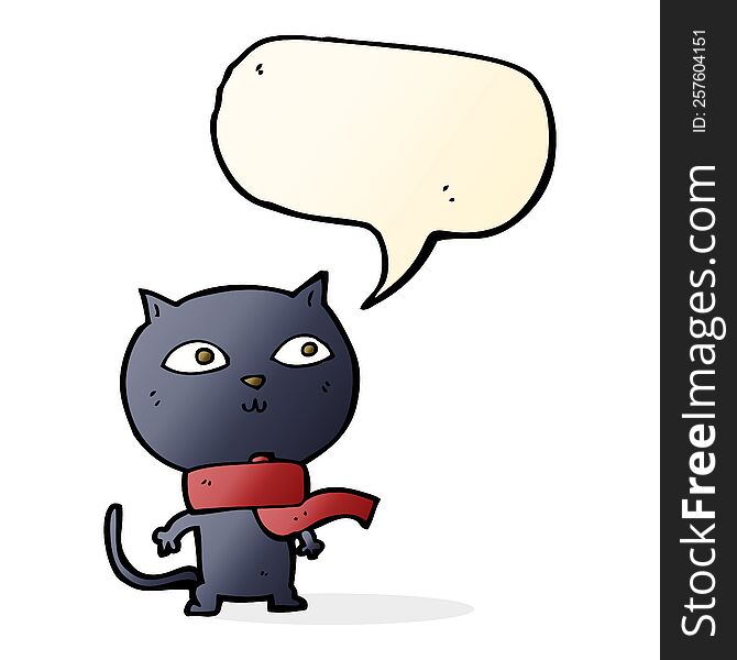 cartoon black cat wearing scarf with speech bubble