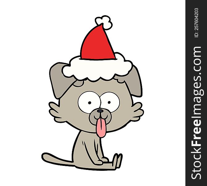 hand drawn line drawing of a sitting dog with tongue sticking out wearing santa hat