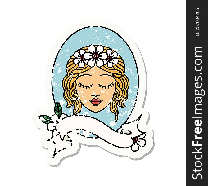 Grunge Sticker With Banner Of A Maiden With Eyes Closed