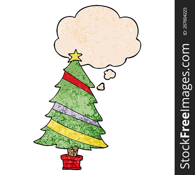 Cartoon Christmas Tree And Thought Bubble In Grunge Texture Pattern Style