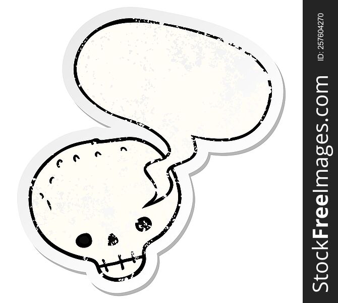 cartoon skull with speech bubble distressed distressed old sticker. cartoon skull with speech bubble distressed distressed old sticker