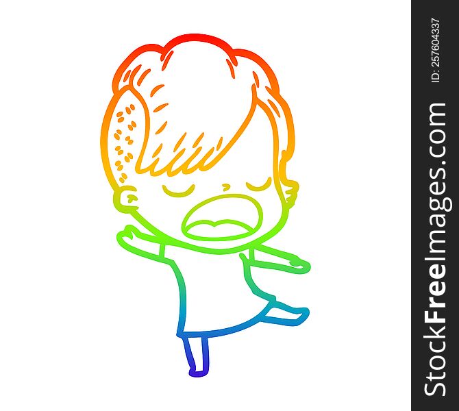 rainbow gradient line drawing of a cartoon cool hipster girl talking