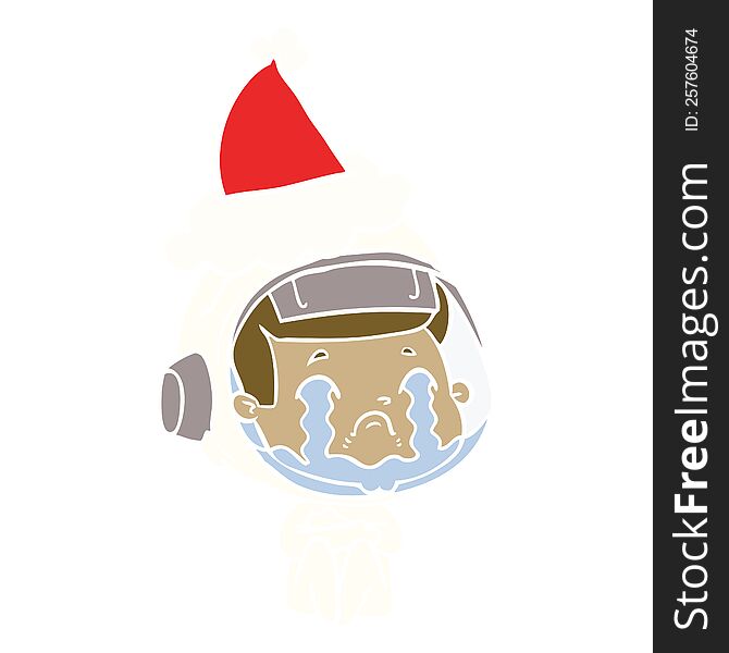 hand drawn flat color illustration of a crying astronaut wearing santa hat