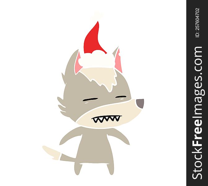hand drawn flat color illustration of a wolf showing teeth wearing santa hat