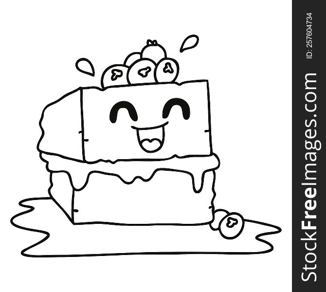 line drawing quirky cartoon happy cake slice. line drawing quirky cartoon happy cake slice