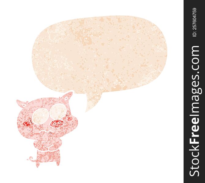 Cartoon Nervous Pig And Speech Bubble In Retro Textured Style