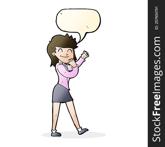 cartoon happy businesswoman with speech bubble