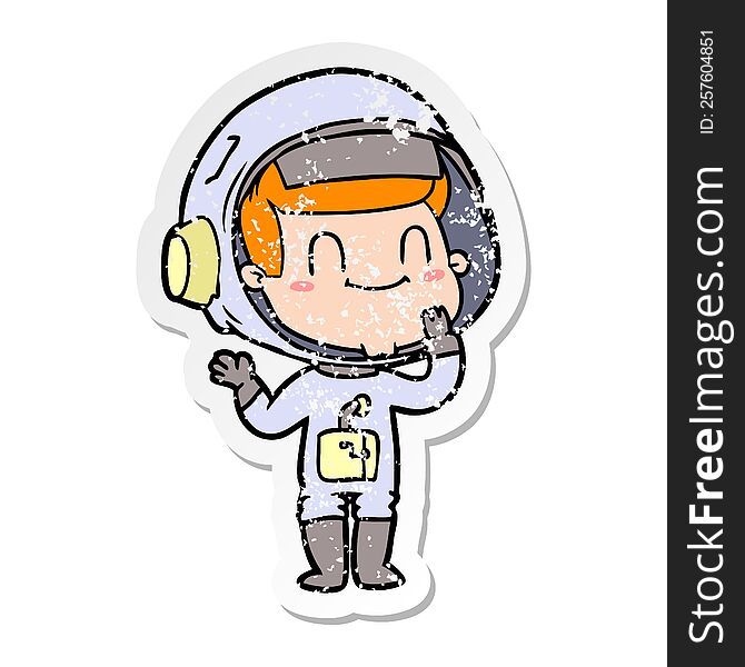 distressed sticker of a happy cartoon astronaut man