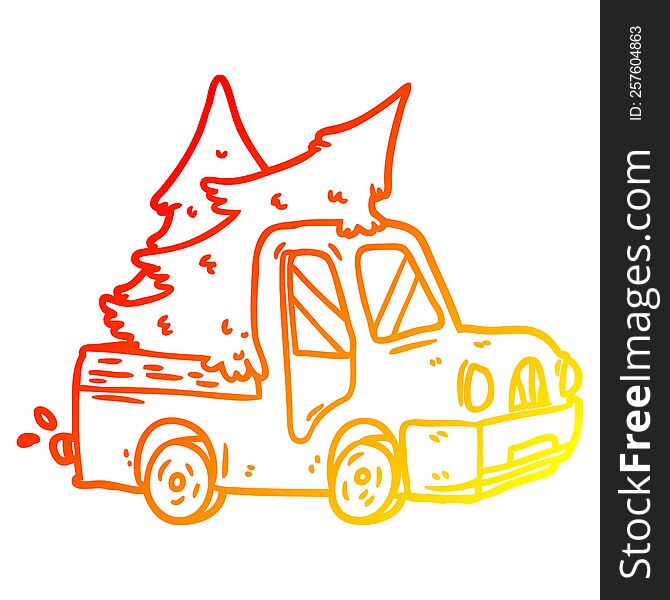 Warm Gradient Line Drawing Pickup Truck Carrying Christmas Trees