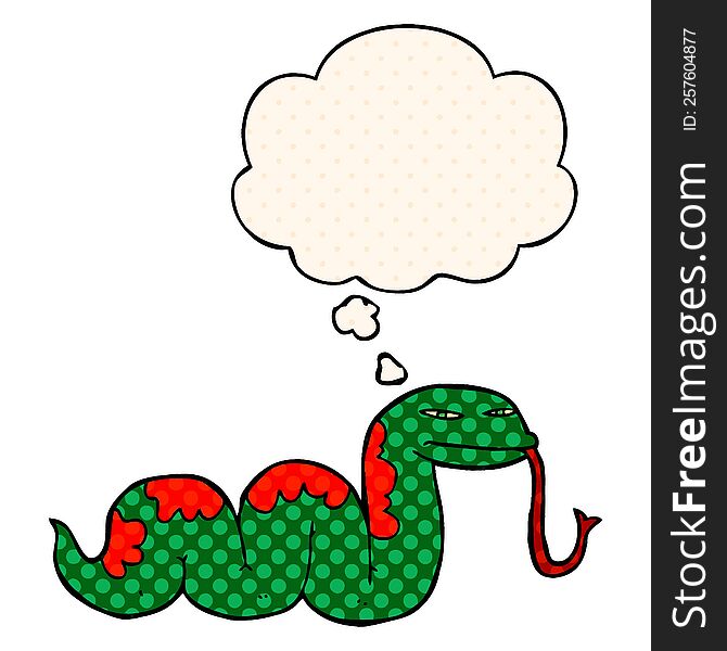 Cartoon Slithering Snake And Thought Bubble In Comic Book Style