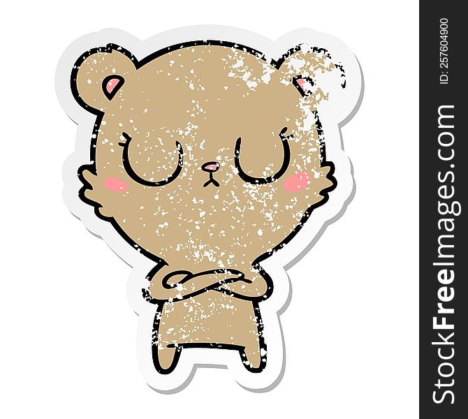 distressed sticker of a peaceful cartoon bear cub