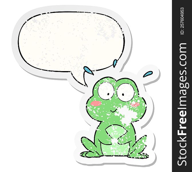 cute cartoon frog with speech bubble distressed distressed old sticker. cute cartoon frog with speech bubble distressed distressed old sticker