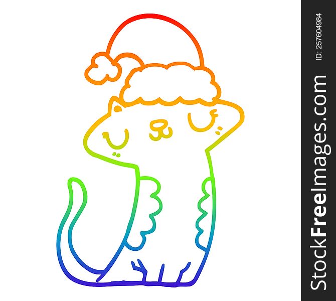 Rainbow Gradient Line Drawing Cute Cartoon Cat Wearing Christmas Hat