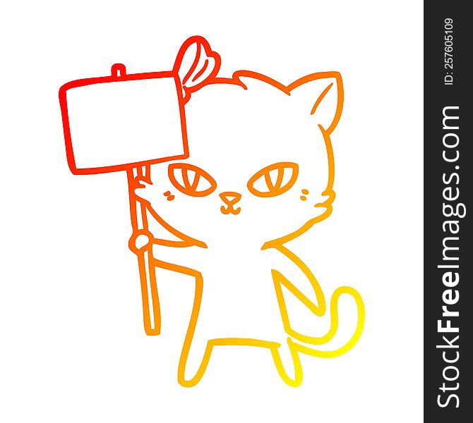 Warm Gradient Line Drawing Cute Cartoon Cat With Protest Sign