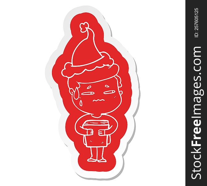 quirky cartoon  sticker of a anxious boy carrying book wearing santa hat