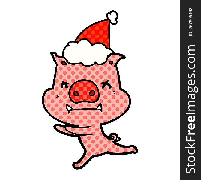 Angry Comic Book Style Illustration Of A Pig Wearing Santa Hat