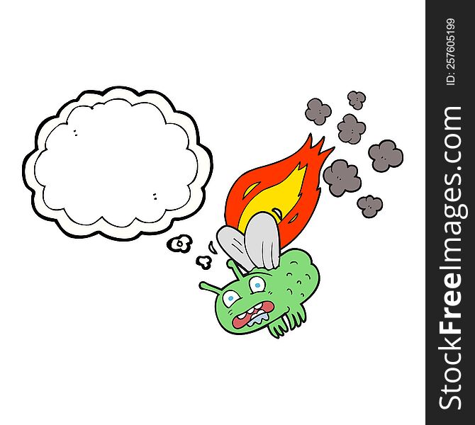 freehand drawn thought bubble cartoon fly crashign and burning. freehand drawn thought bubble cartoon fly crashign and burning