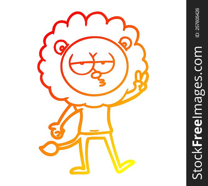 Warm Gradient Line Drawing Cartoon Bored Lion Waving
