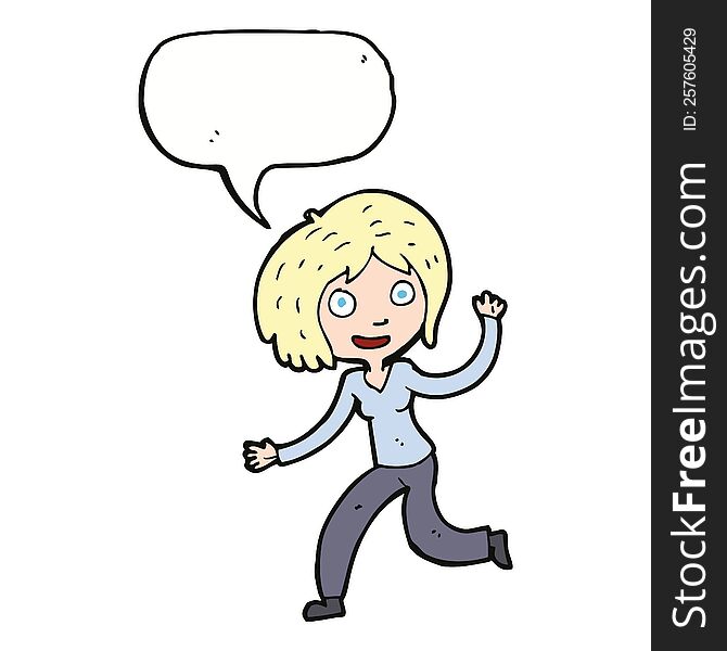 Cartoon Happy Waving Girl With Speech Bubble