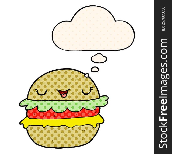 cartoon burger with thought bubble in comic book style