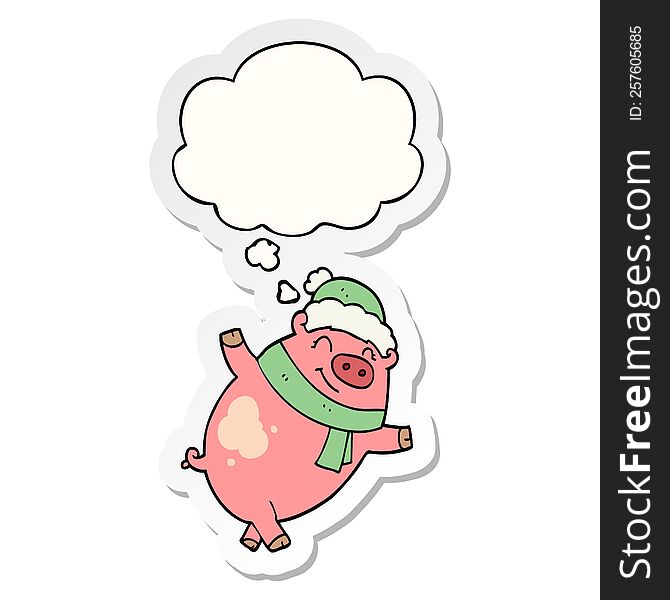 Cartoon Pig Wearing Christmas Hat And Thought Bubble As A Printed Sticker