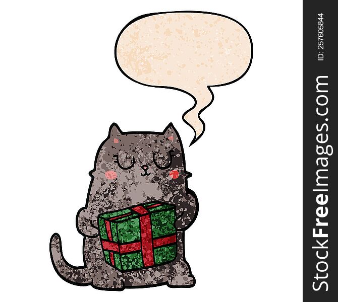 Cartoon Christmas Cat And Speech Bubble In Retro Texture Style