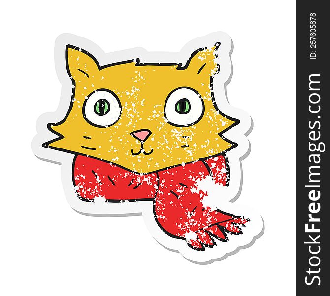 retro distressed sticker of a cartoon cat wearing scarf