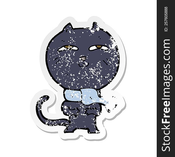 retro distressed sticker of a cartoon funny cat wearing scarf