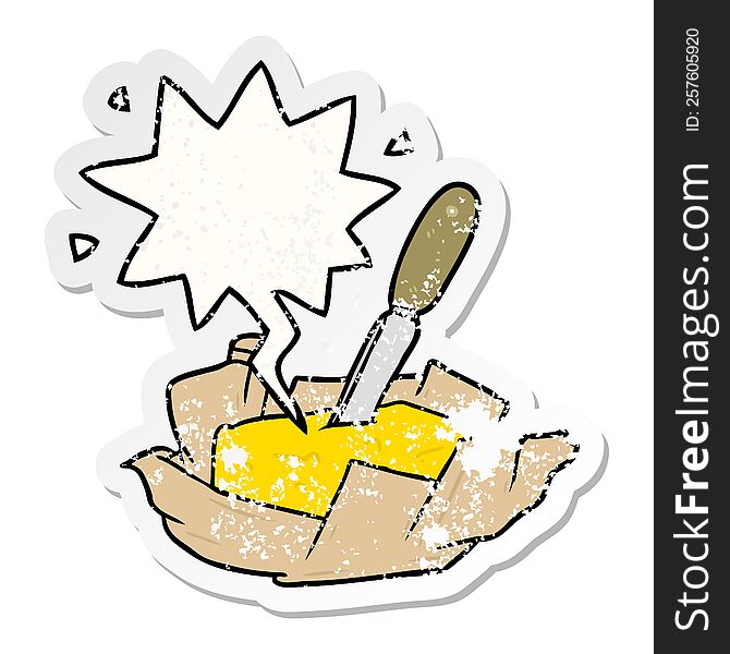 cartoon traditional pat of butter with knife with speech bubble distressed distressed old sticker. cartoon traditional pat of butter with knife with speech bubble distressed distressed old sticker
